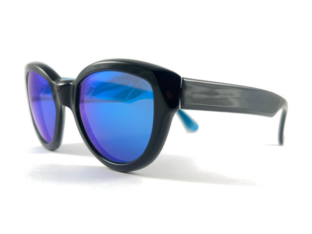 Blue New Vintage Montana Black Frame Polarised Lenses Hand Made France 80S Sunglasses For Sale