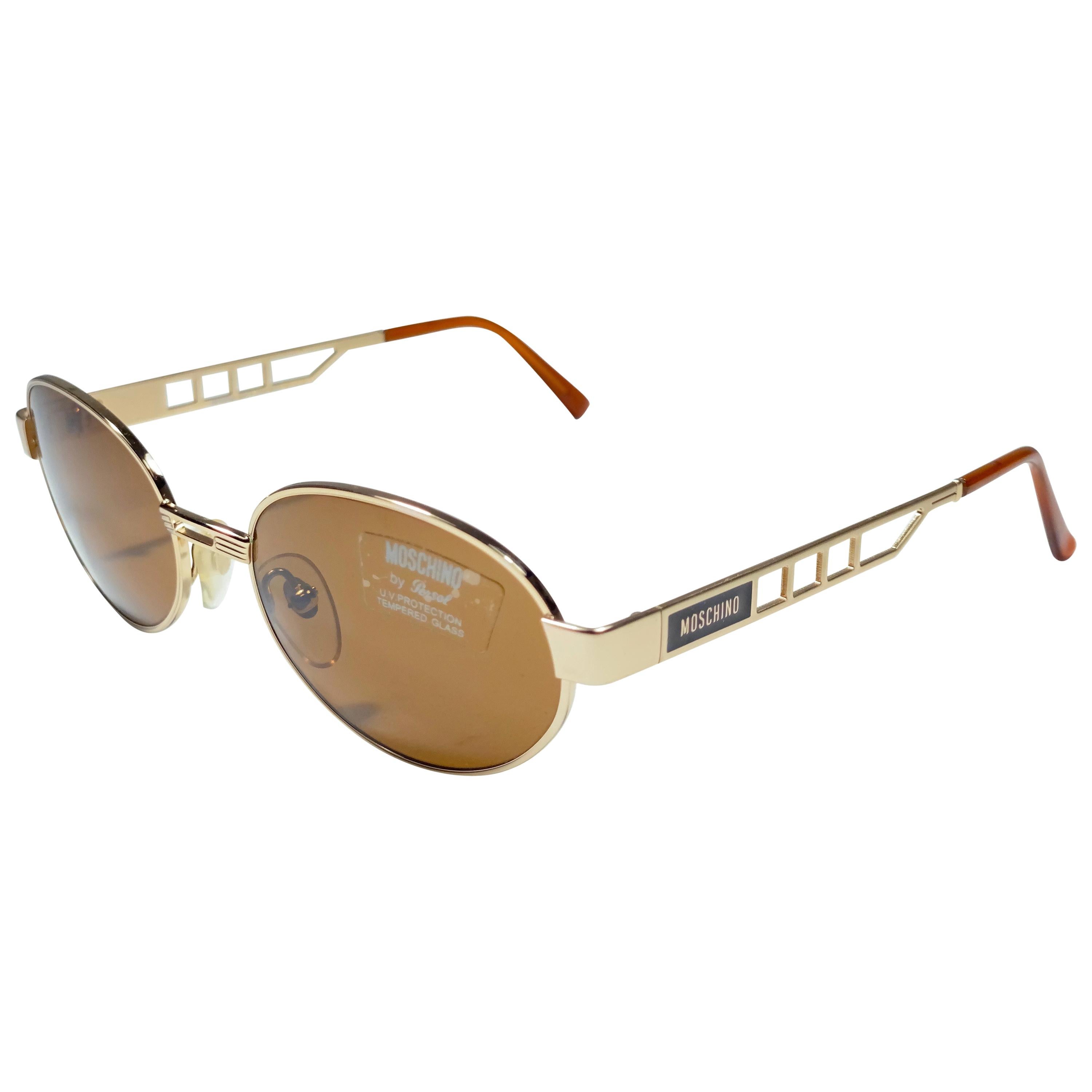 New Vintage Moschino By Persol MM3006 Oval Medium Gold 1990 Sunglasses Italy For Sale
