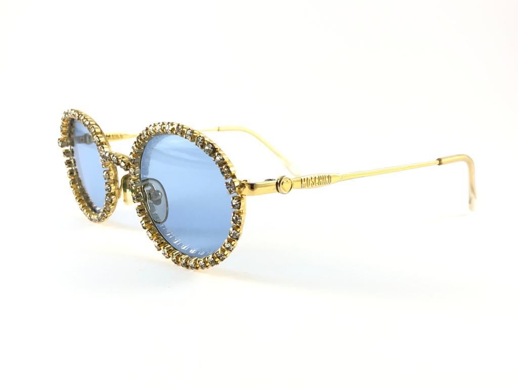 Women's or Men's New Vintage Moschino Rhinestone Oval Turquoise 1990 Sunglasses Made in Italy
