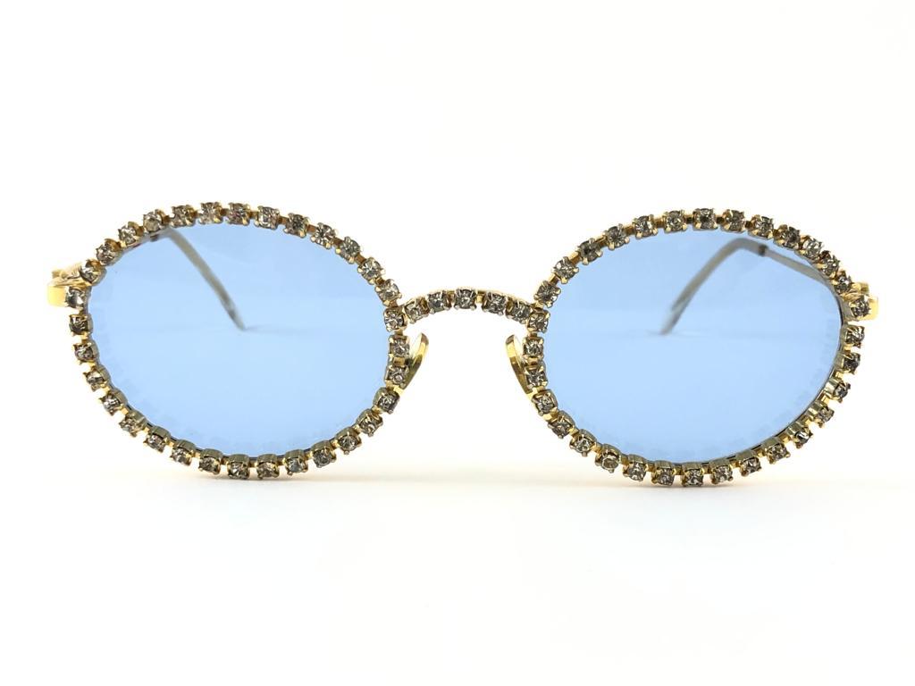 New Vintage Moschino Rhinestone Oval Turquoise 1990 Sunglasses Made in Italy 1