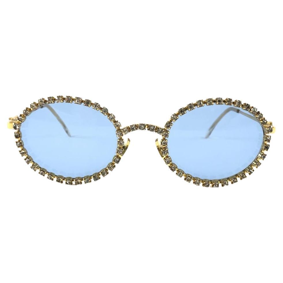 New Vintage Moschino Rhinestone Oval Turquoise 1990 Sunglasses Made in Italy