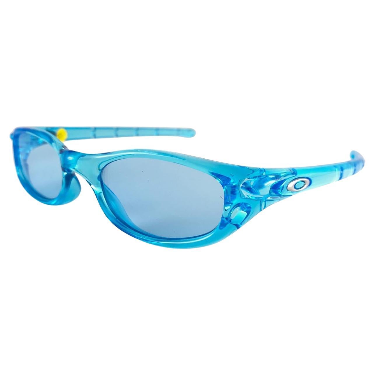New Vintage Oakley Fate Light Blue Frame Light Purple Lens 1999 Sunglasses For Sale