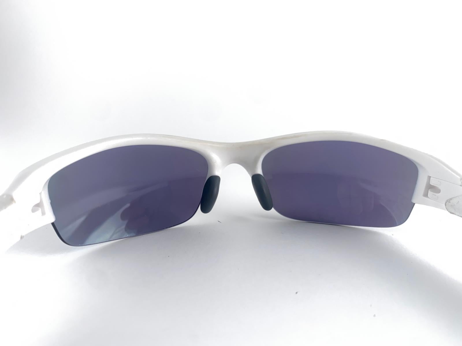 Blue New Vintage Oakley Flak White Half Frame Mirrored Lens 1999 Sunglasses For Sale