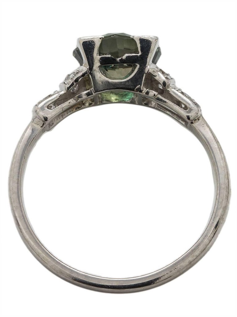 2.05 Carat Cushion Cut Green Sapphire Platinum Ring at 1stDibs
