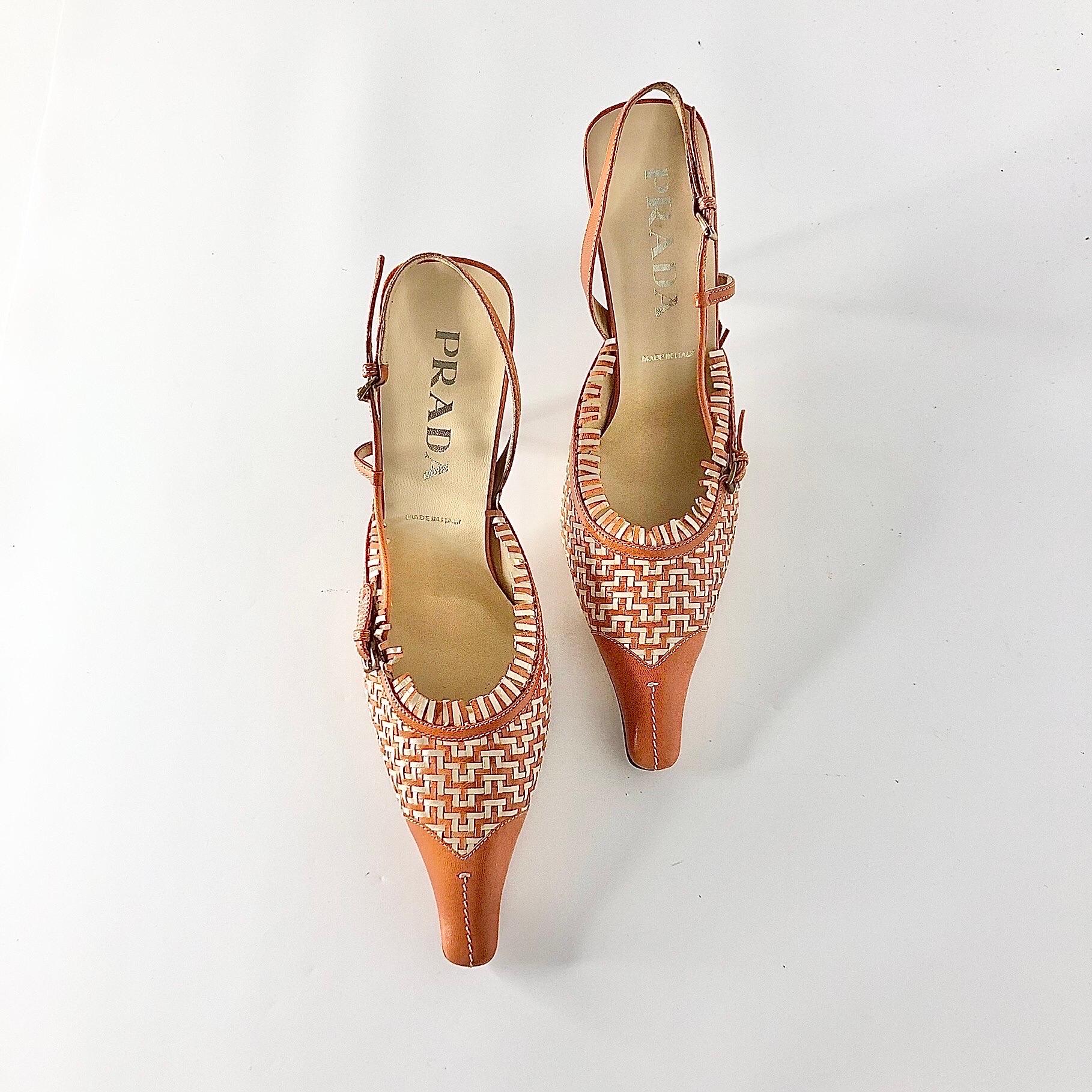 Beige NEW Vintage Prada Fringe and Buckle Detail Slingback Pointed Toe Pumps 38 in vendita