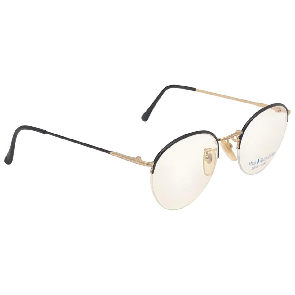 Neu Vintage Ralph Lauren Classic RX 1990 Sonnenbrille mit halbem Rahmen in Schwarz & Gold