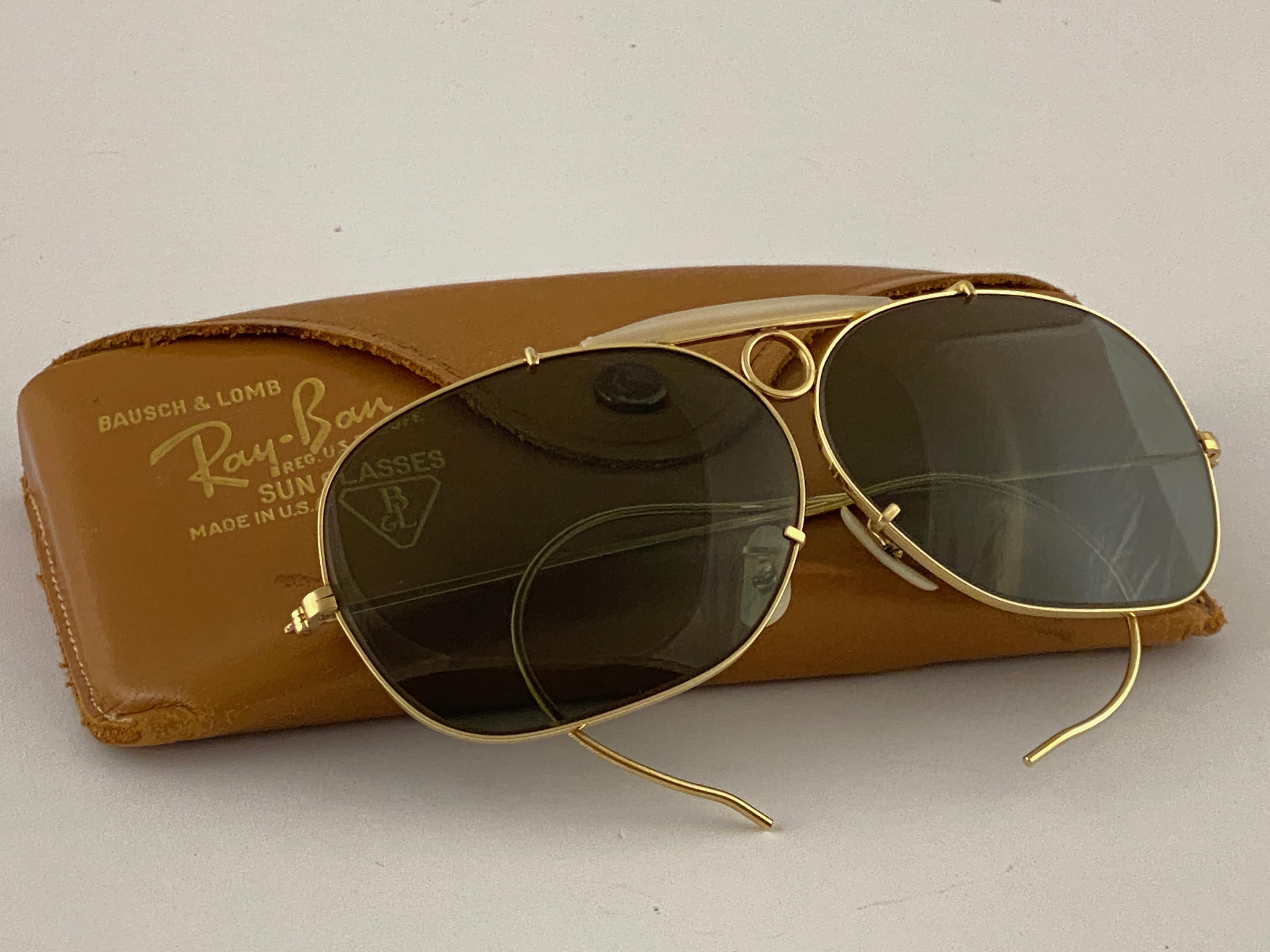 Marron Ray Ban Decot - Lunettes de soleil vintage en or 10 carats avec lunettes G15, 62 m, années 1970, état neuf en vente