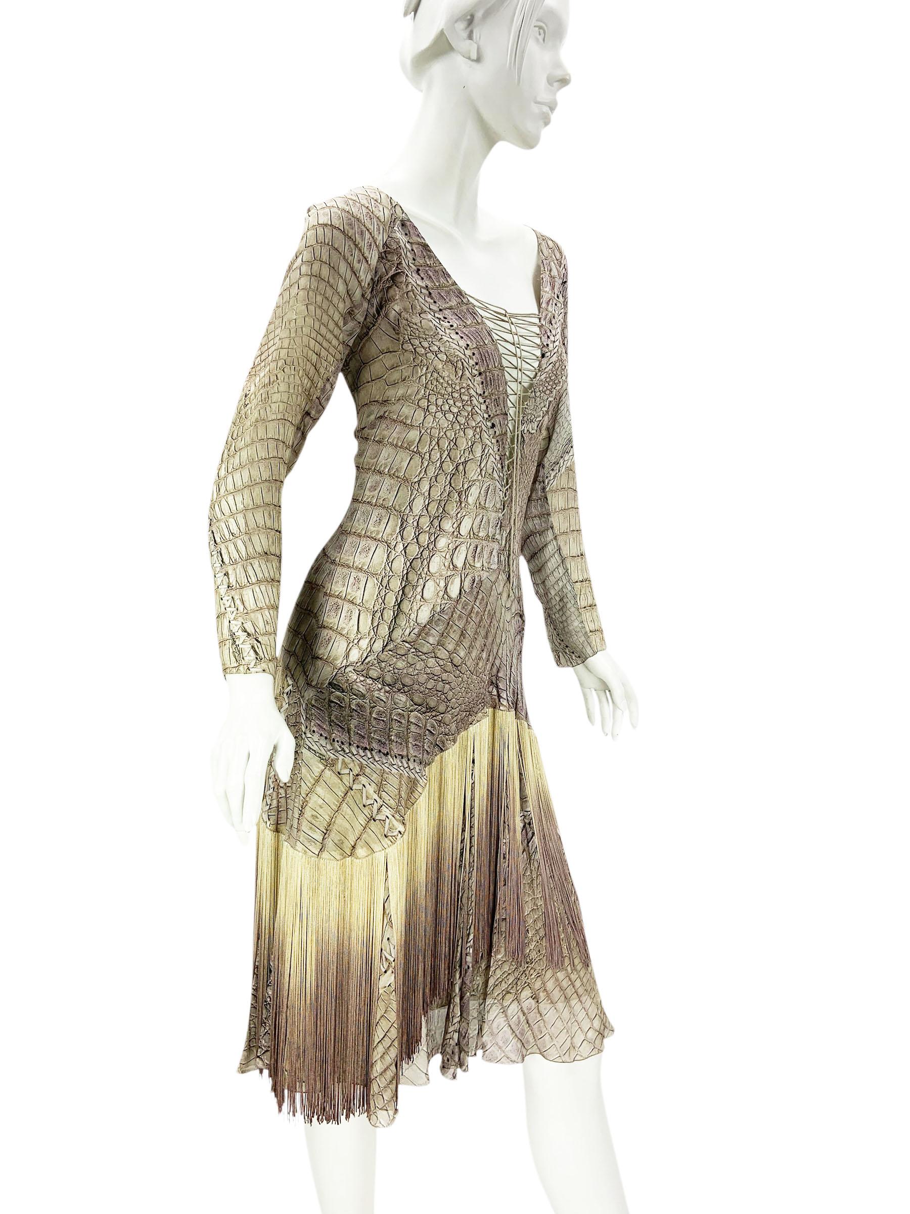 Brown New Vintage Roberto Cavalli SS 2011 Silk Crocodile Print Lace Up Fringe Dress 42 For Sale