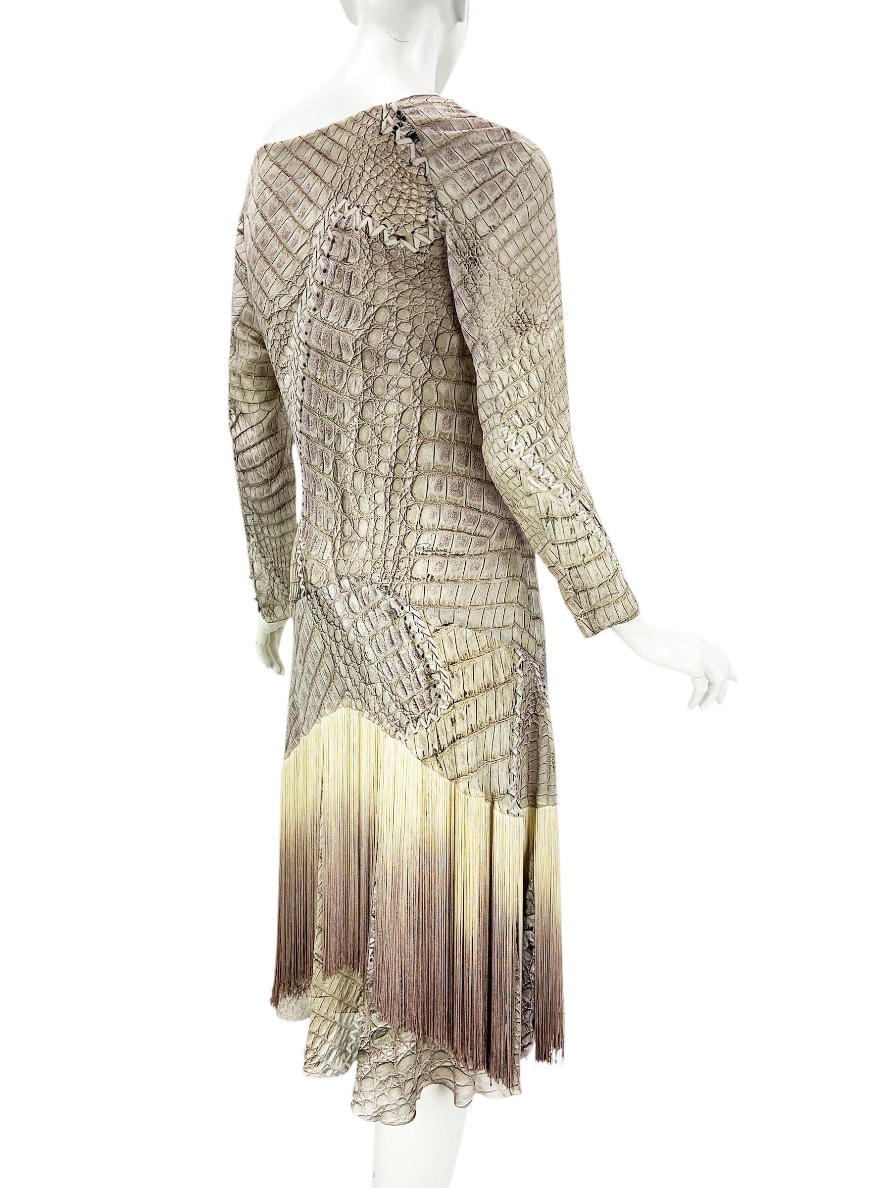 New Vintage Roberto Cavalli SS 2011 Silk Crocodile Print Lace Up Fringe Dress 42 In New Condition For Sale In Montgomery, TX