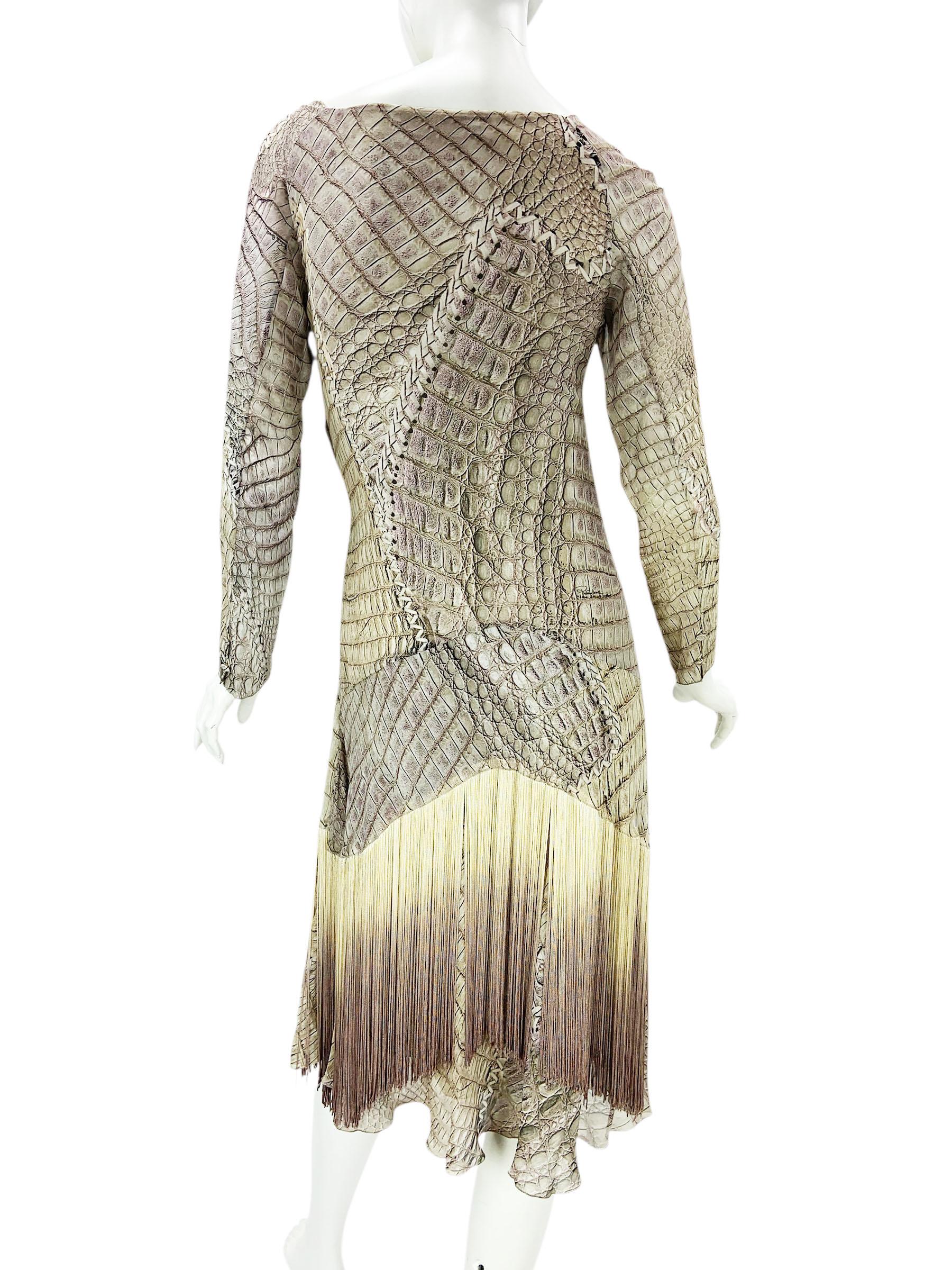 Women's New Vintage Roberto Cavalli SS 2011 Silk Crocodile Print Lace Up Fringe Dress 42 For Sale