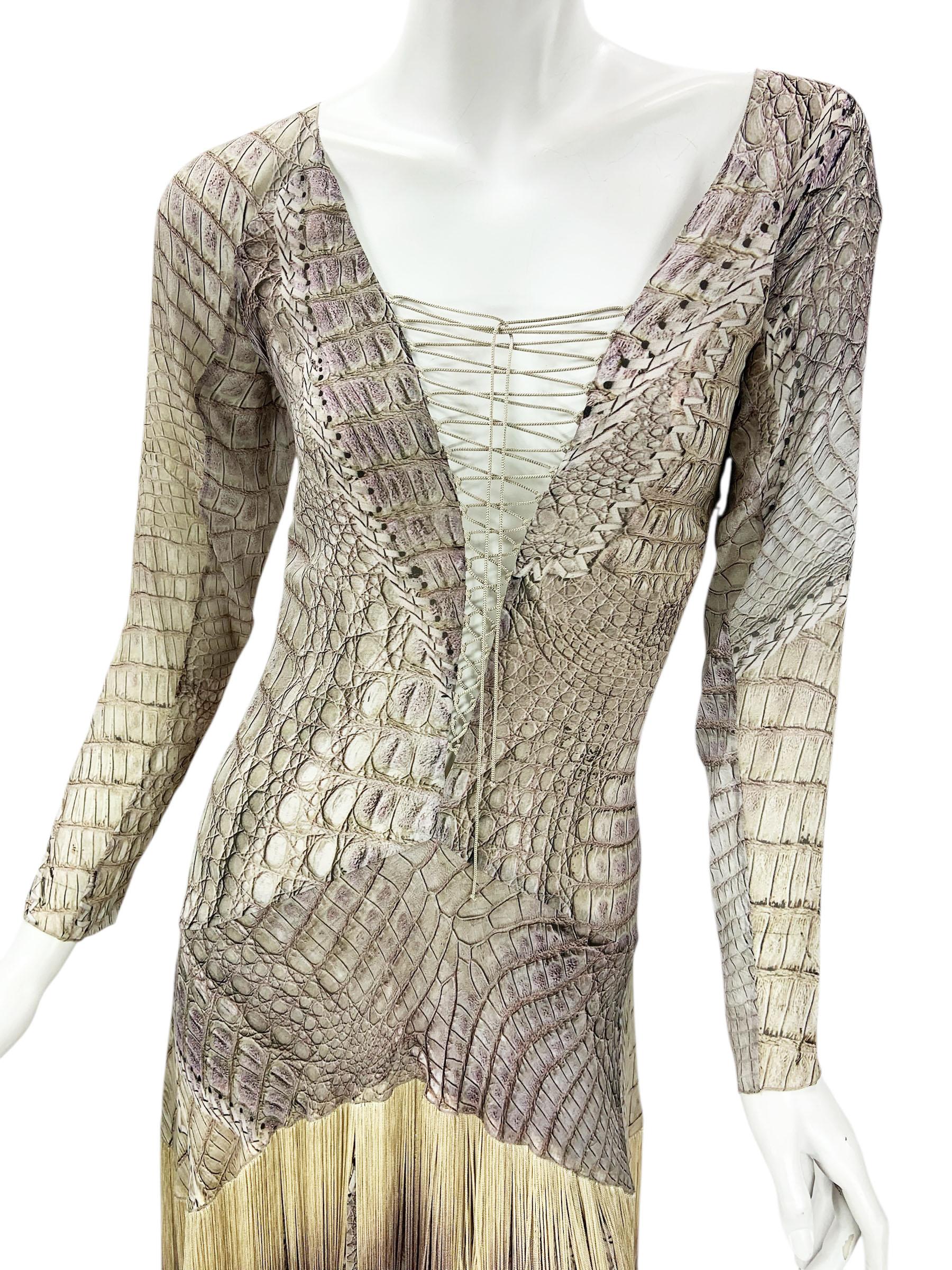 New Vintage Roberto Cavalli SS 2011 Silk Crocodile Print Lace Up Fringe Dress 42 For Sale 1