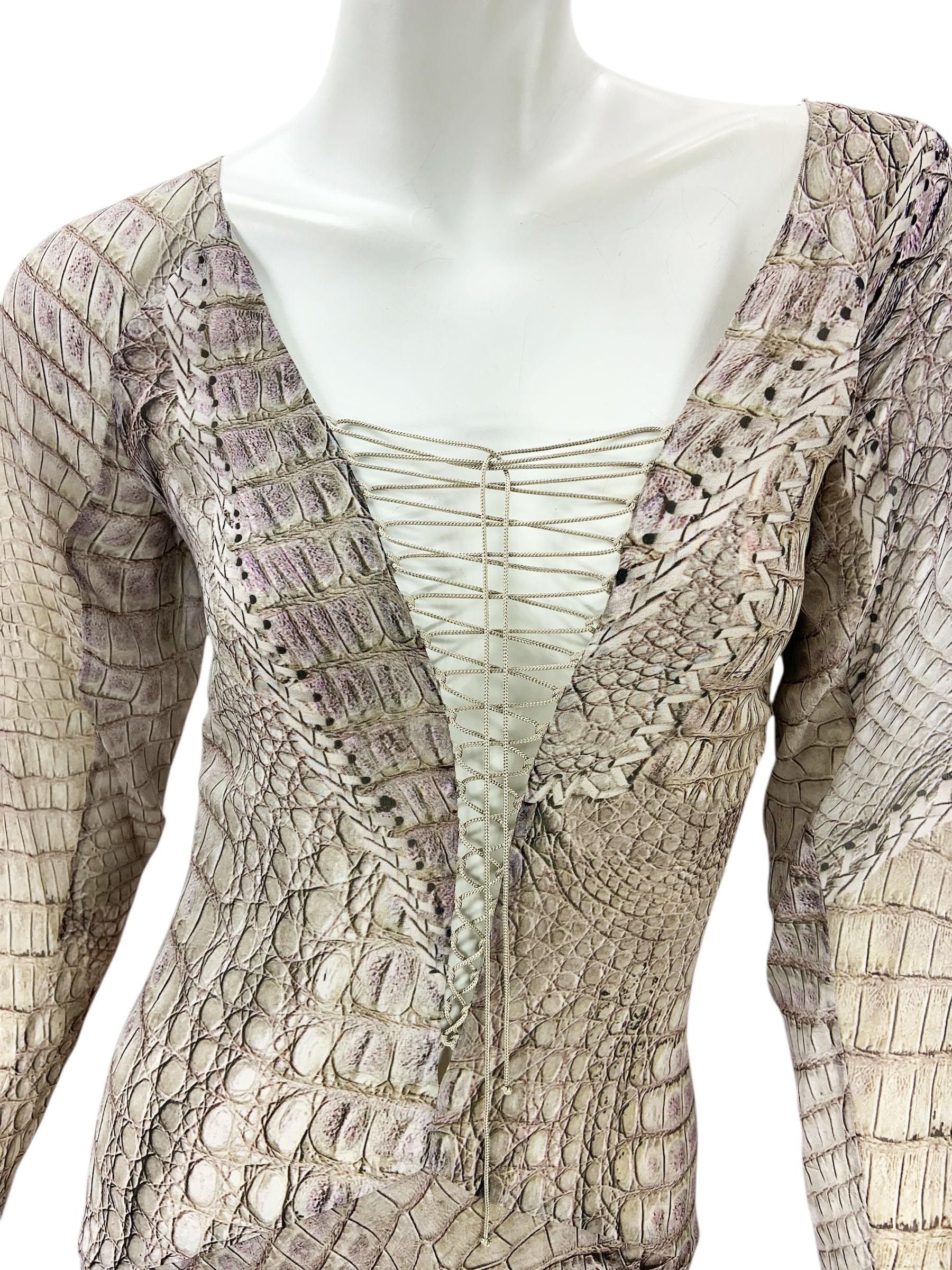 New Vintage Roberto Cavalli SS 2011 Silk Crocodile Print Lace Up Fringe Dress 42 For Sale 2