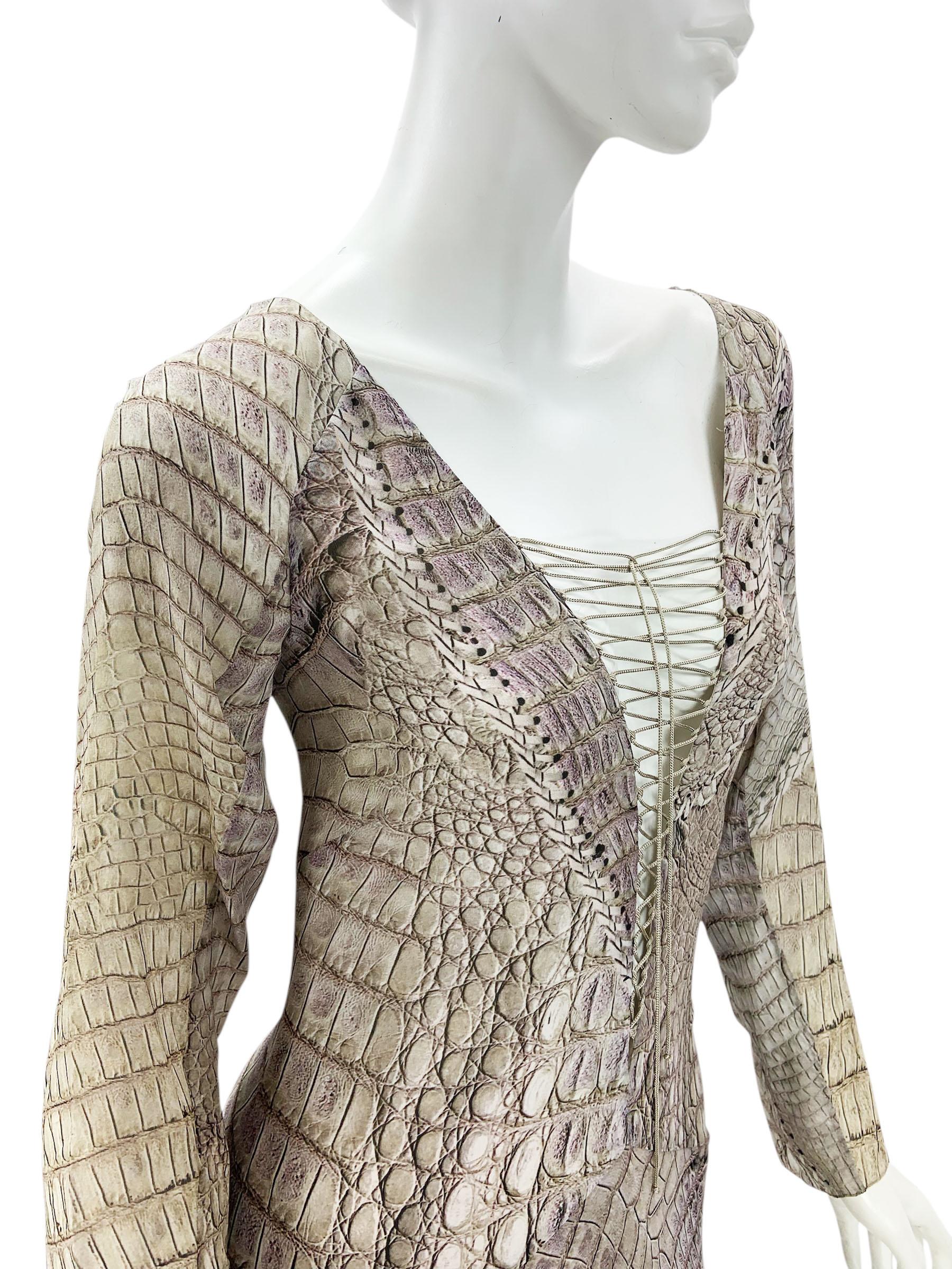 New Vintage Roberto Cavalli SS 2011 Silk Crocodile Print Lace Up Fringe Dress 42 For Sale 3
