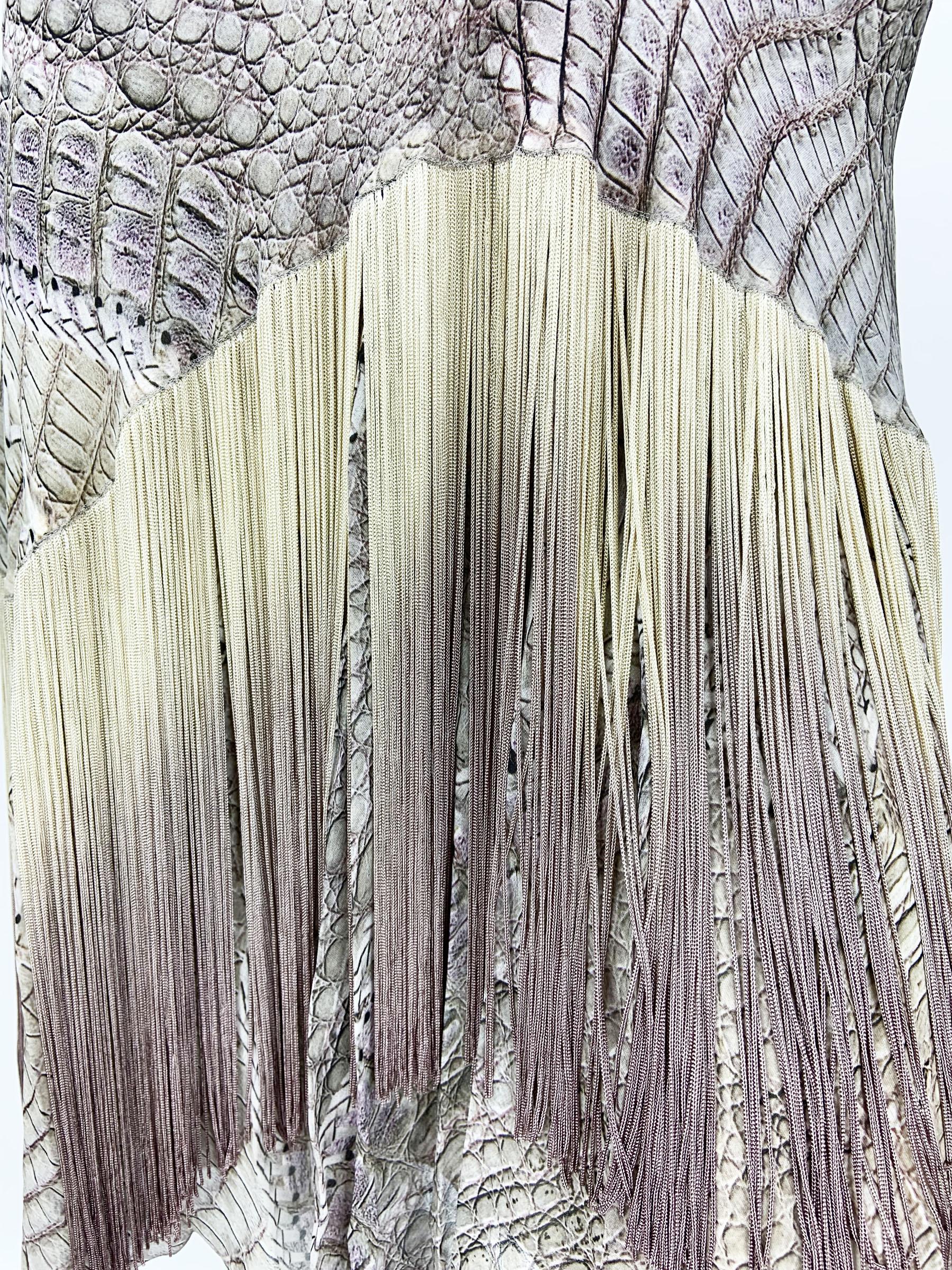 New Vintage Roberto Cavalli SS 2011 Silk Crocodile Print Lace Up Fringe Dress 42 For Sale 4