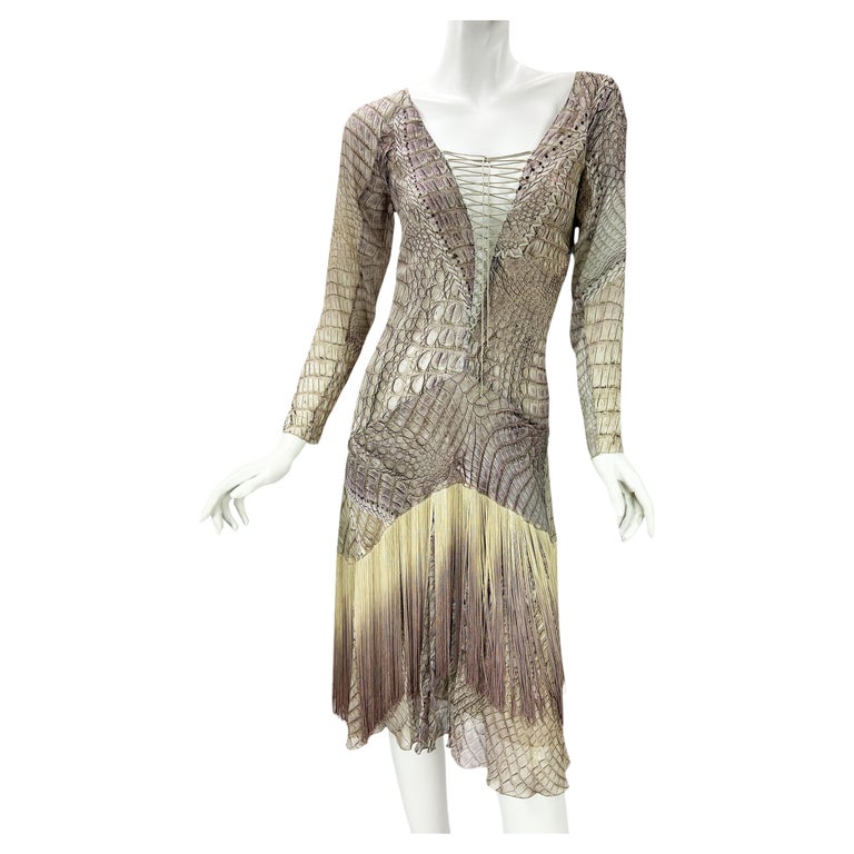 New Vintage Roberto Cavalli SS 2011 Silk Crocodile Print Lace Up Fringe Dress 42 New Vintage Roberto Cavalli SS 2011 Silk Crocodile Print Lace Up Fringe Dress 42