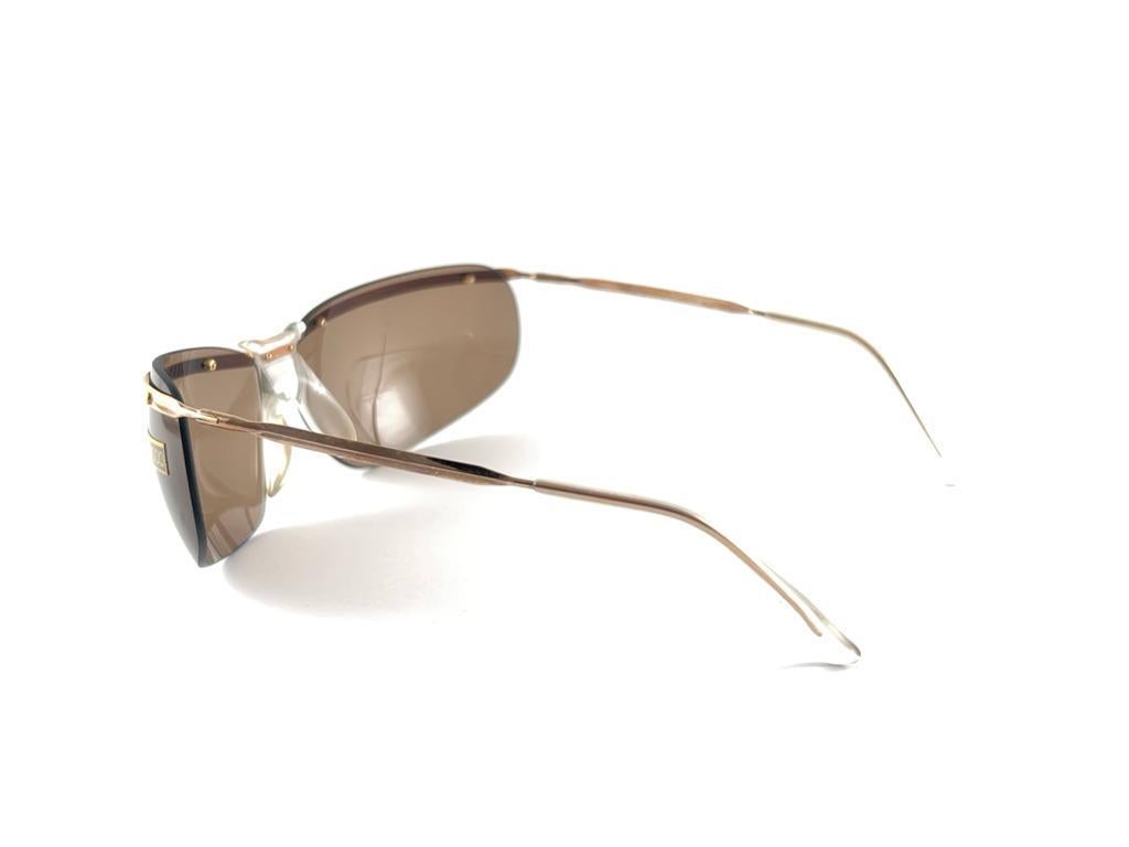 New Vintage Sol Amor Gold Brown Lenses Rimless Wrap Frame Sunglasses 60s France For Sale 1