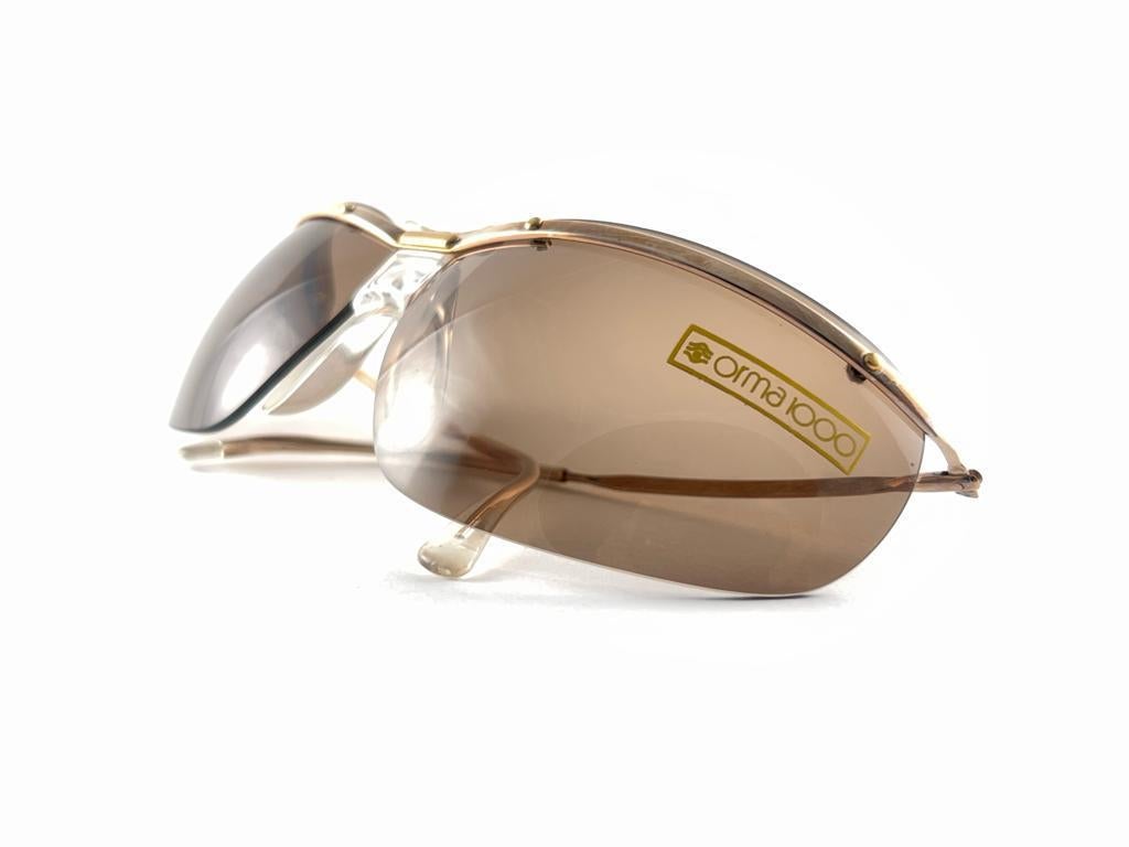 New Vintage Sol Amor Gold Brown Lenses Rimless Wrap Frame Sunglasses 60s France For Sale 5