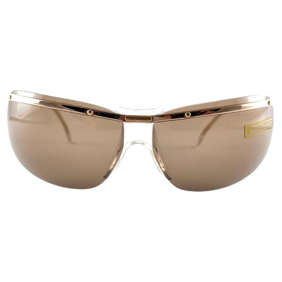 New Vintage Sol Amor Gold Brown Lenses Rimless Wrap Frame Sunglasses 60s France For Sale