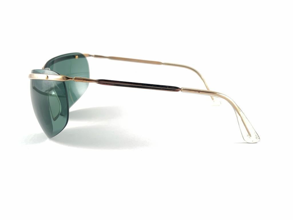 New Vintage Sol Amor Gold Green Lenses Rimless Wrap Frame Sunglasses 60's France en vente 1