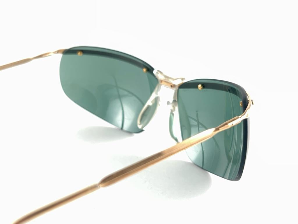 New Vintage Sol Amor Gold Green Lenses Rimless Wrap Frame Sunglasses 60's France For Sale 3