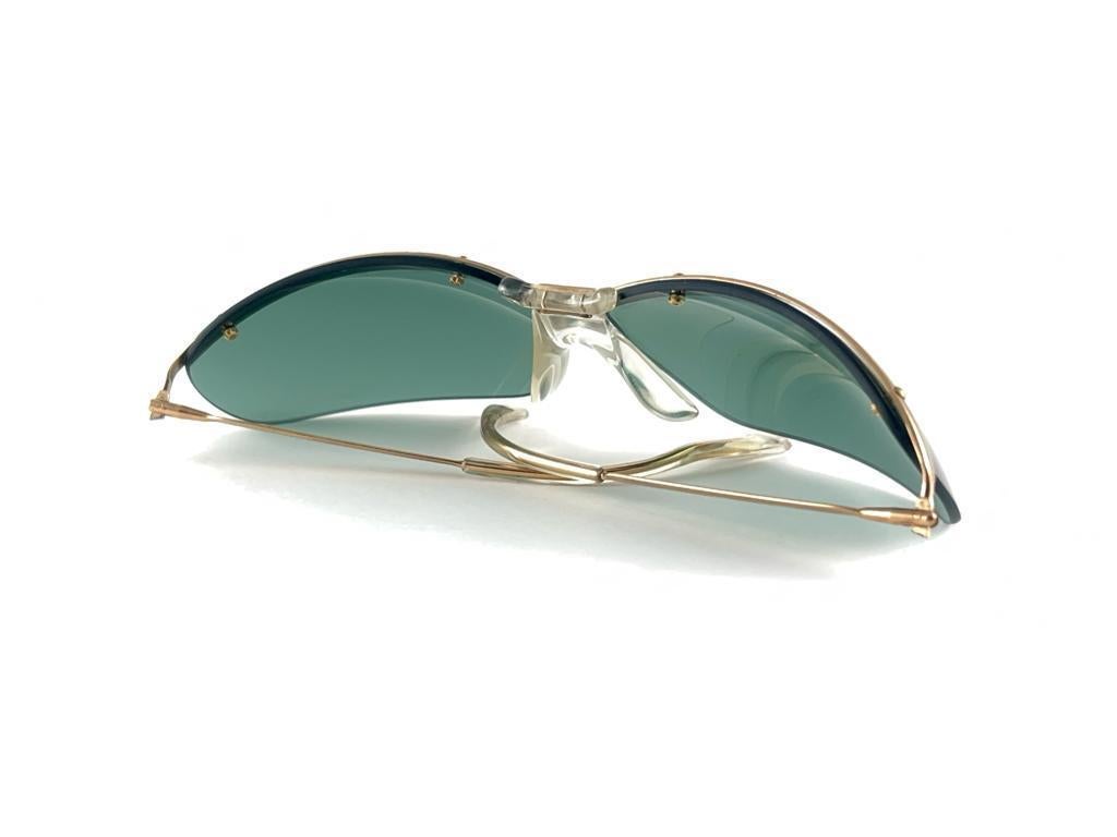 New Vintage Sol Amor Gold Green Lenses Rimless Wrap Frame Sunglasses 60's France en vente 5