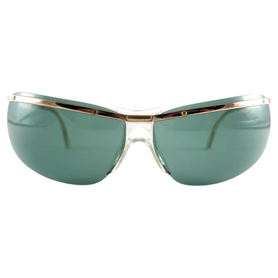 New Vintage Sol Amor Gold Green Lenses Rimless Wrap Frame Sunglasses 60's France For Sale