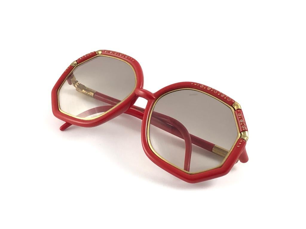 Women's New Vintage Ted Lapidus Paris TL Red & Gold Rhinestones 1970 Sunglasses For Sale