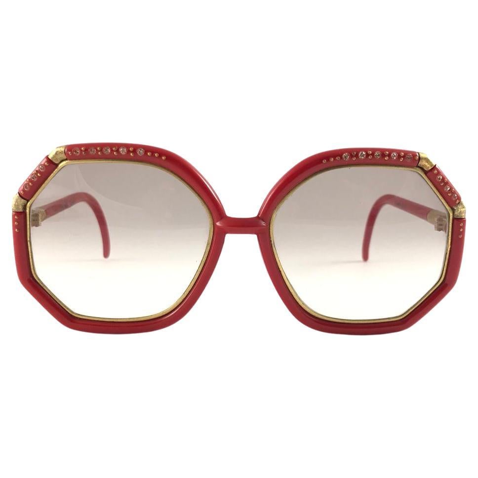 New Vintage Ted Lapidus Paris TL Red & Gold Rhinestones 1970 Sunglasses For Sale