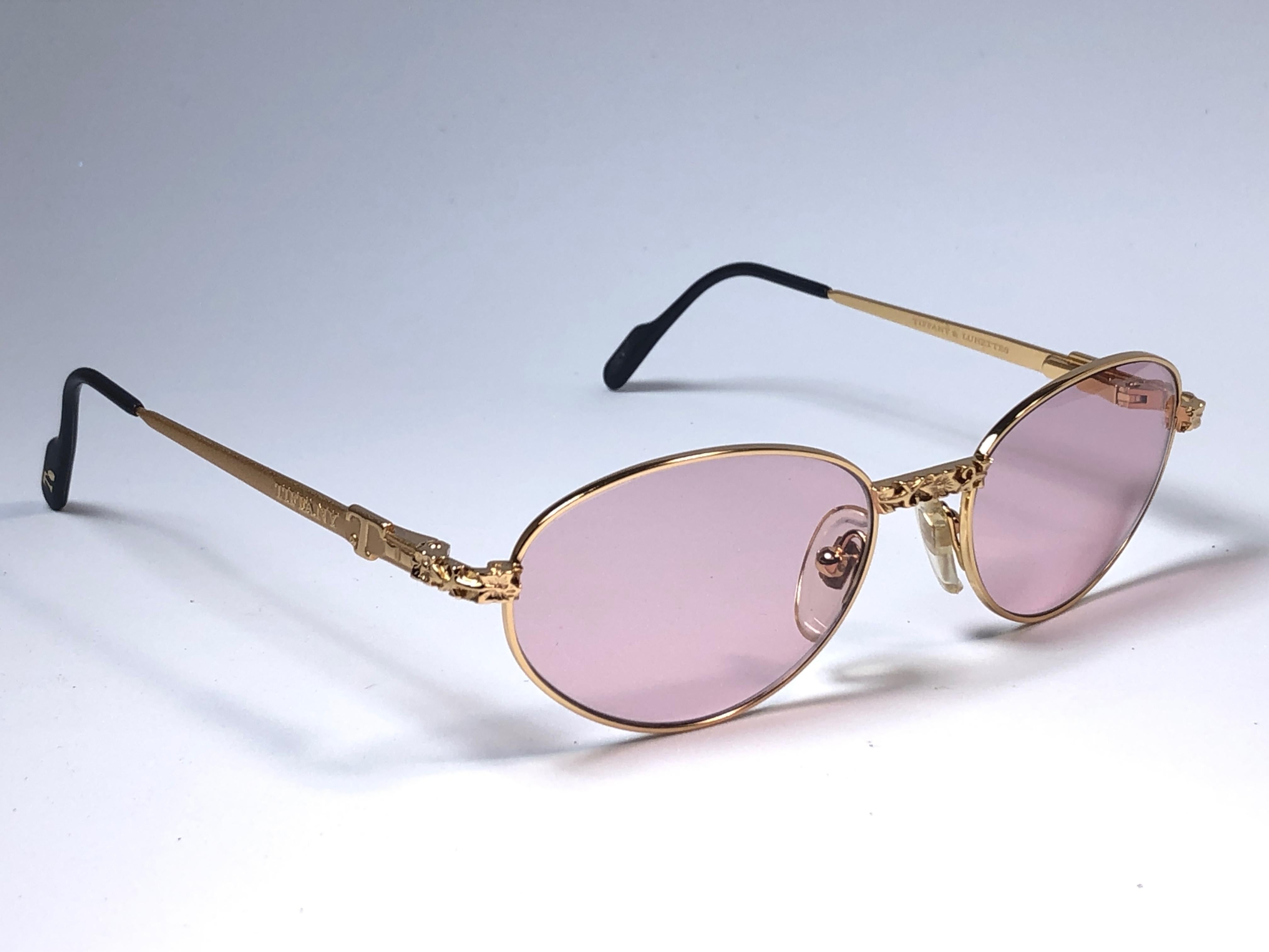 Black New Vintage Tiffany Brutalist Oval Rose Plated Gold 1990 Sunglasses France