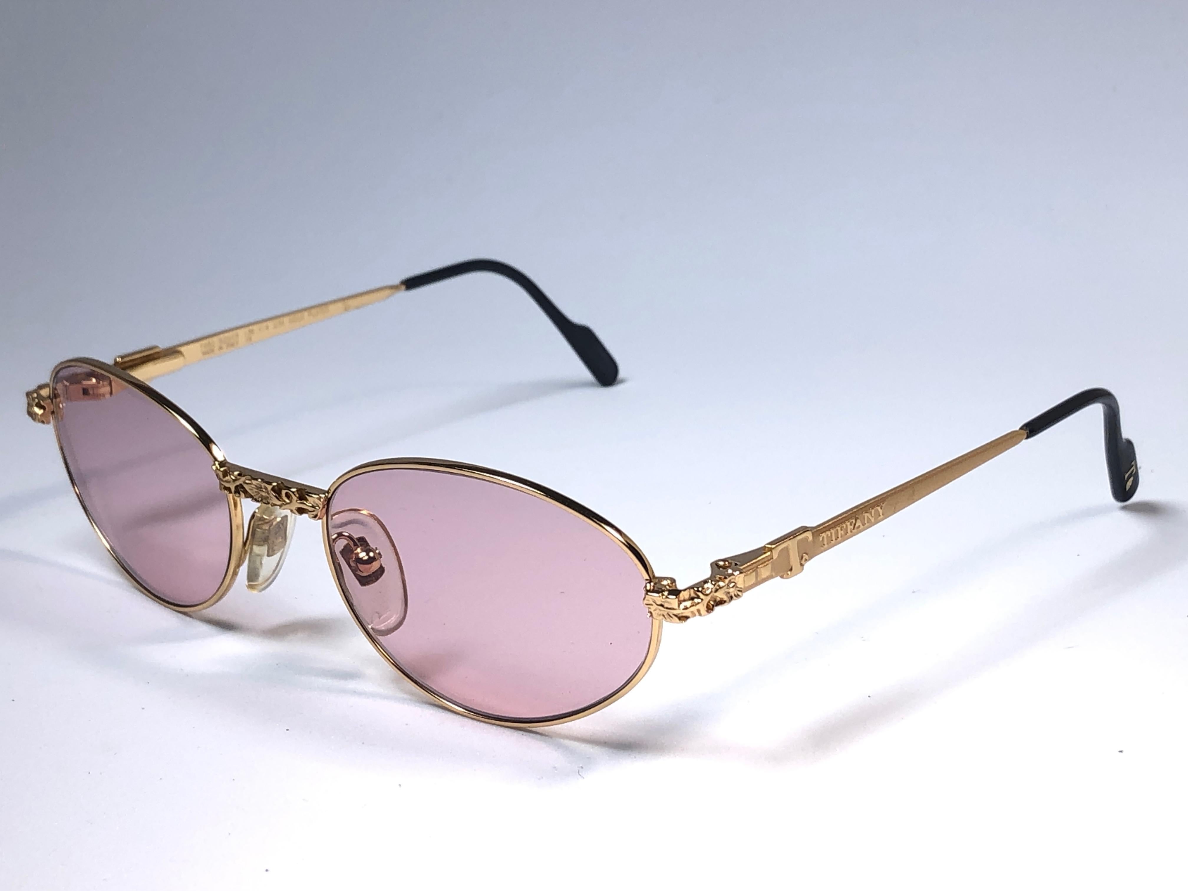 New Vintage Tiffany Brutalist Oval Rose Plated Gold 1990 Sunglasses France In New Condition In Baleares, Baleares