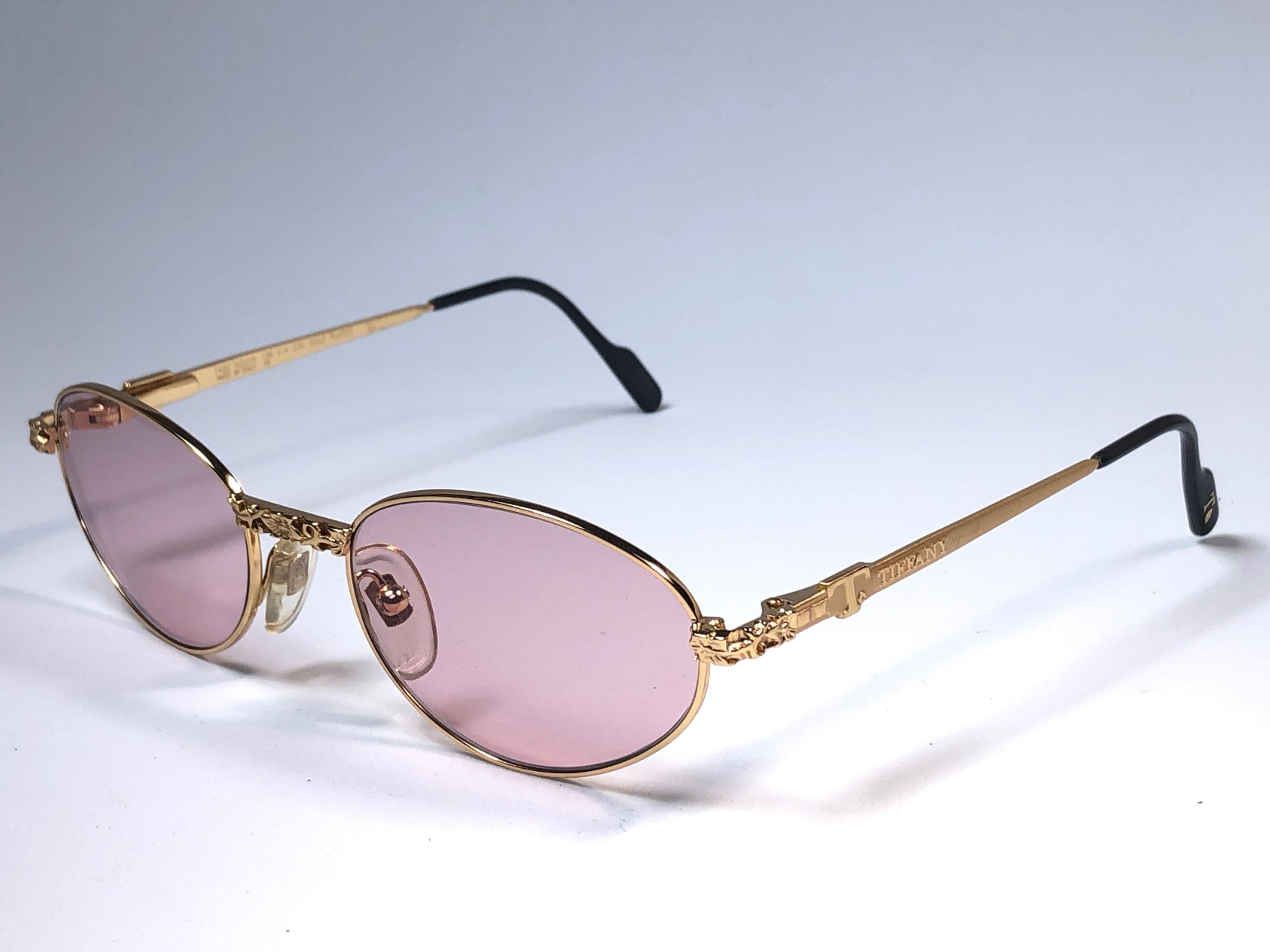 Women's or Men's New Vintage Tiffany Brutalist Oval Rose Plated Gold 1990 Sunglasses France