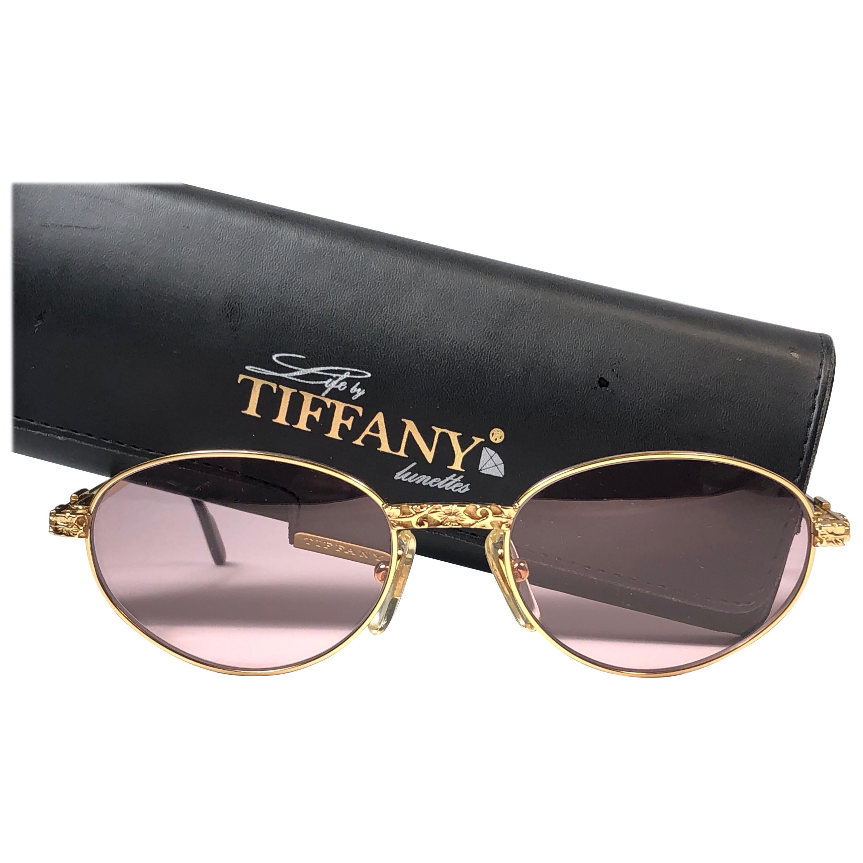 New Vintage Tiffany Brutalist Oval Rose Plated Gold 1990 Sunglasses France