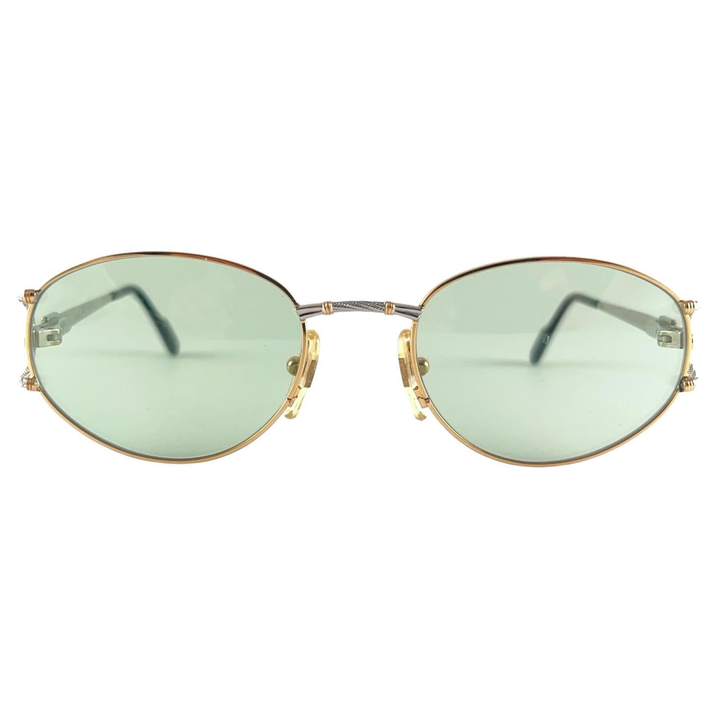 New Vintage Tiffany T 387 Oval Gold Plated Green Lenses 90'S Sunglasses Italy For Sale