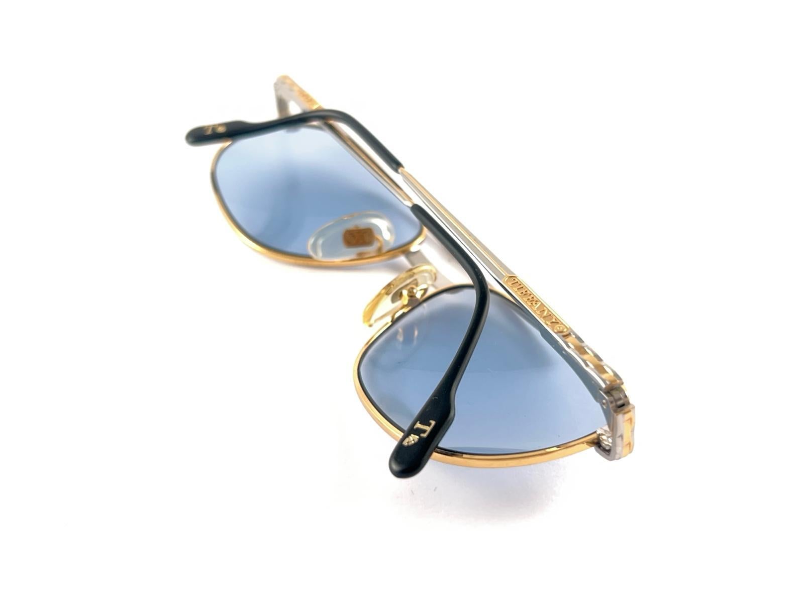 New Vintage Tiffany T 396 Oval Gold Plated Blue Lenses 90'S Sunglasses Italy For Sale 7