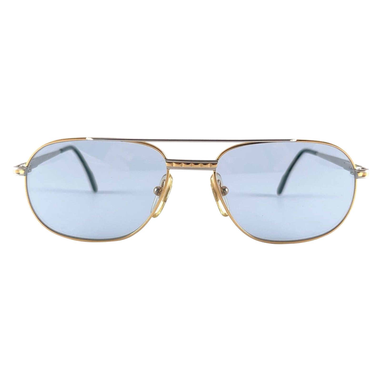 New Vintage Tiffany T 396 Oval Gold Plated Blue Lenses 90's Sunglasses Italy