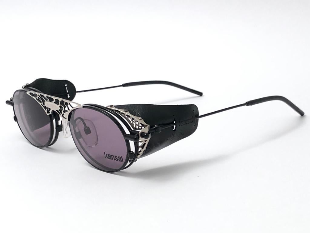 New Vintage Kansai Steampunk Silver Black Full Set  1980's Japan Sunglasses In New Condition For Sale In Baleares, Baleares