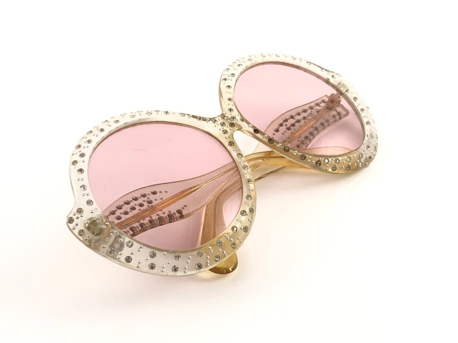 New Vintage Ultra Sudan Clear Rhinestones Rose Lens Oversized 1960's Sunglasses 6