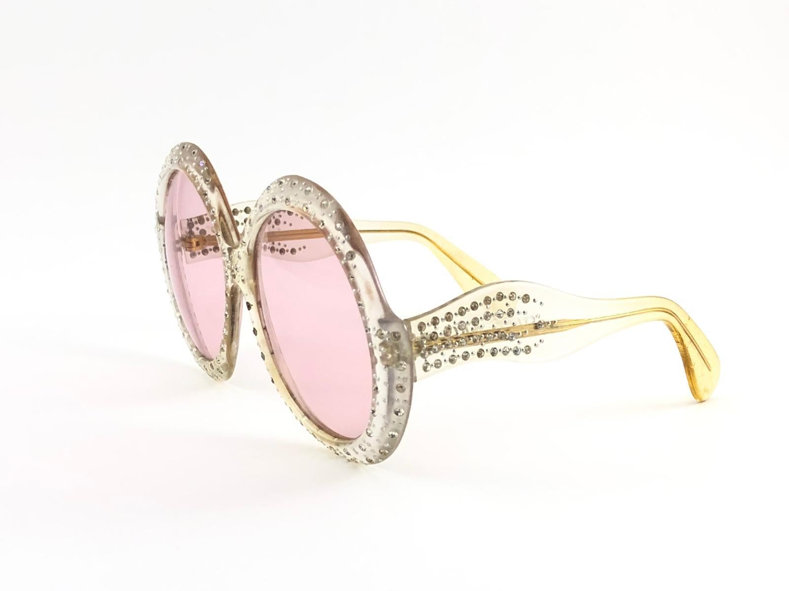 Beige New Vintage Ultra Sudan Clear Rhinestones Rose Lens Oversized 1960's Sunglasses
