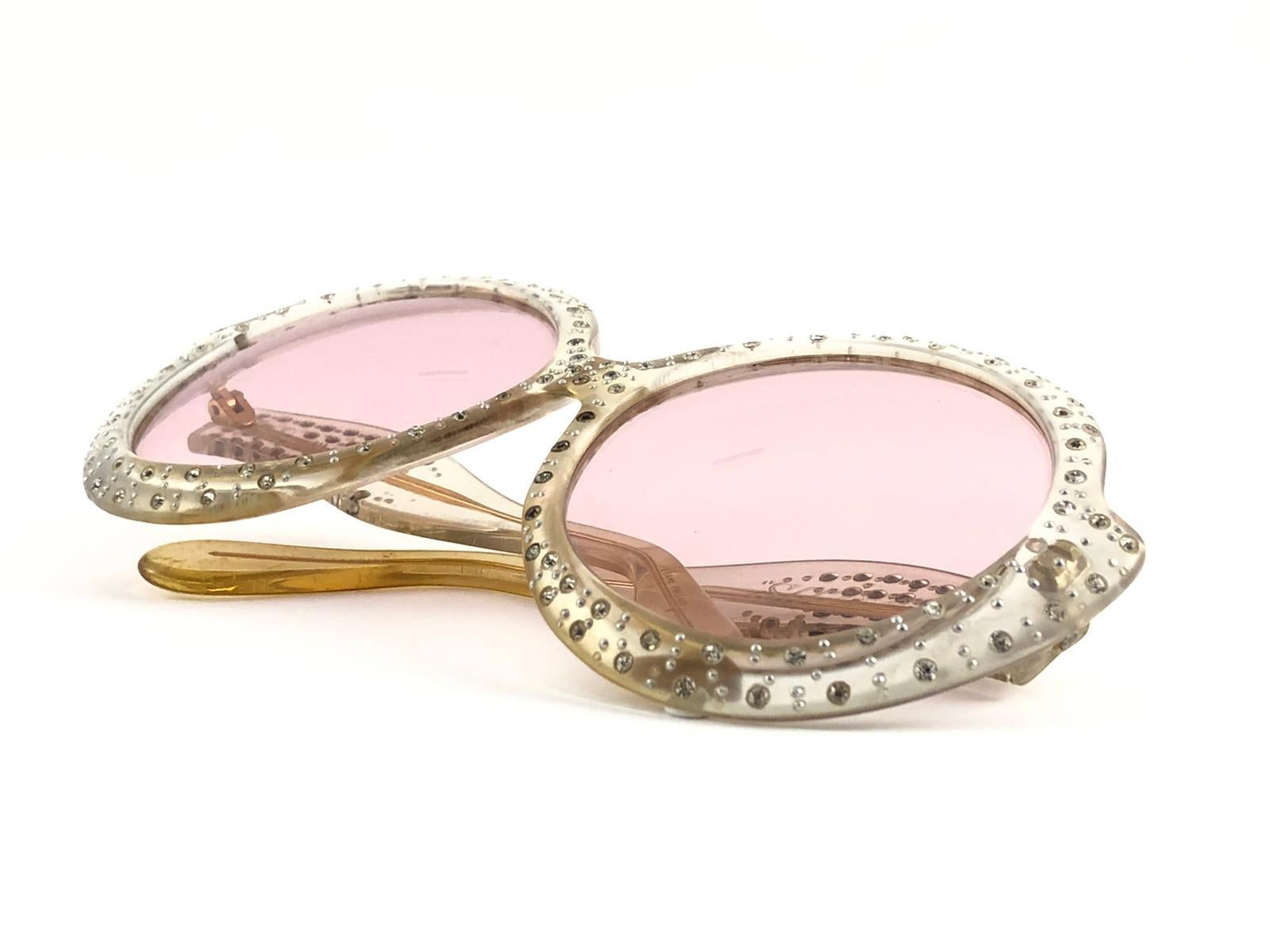 New Vintage Ultra Sudan Clear Rhinestones Rose Lens Oversized 1960's Sunglasses 2