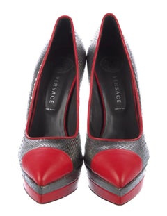 New Vintage Versace Metallic Silver Python Leather Platform Pumps w/ Red Trim 38