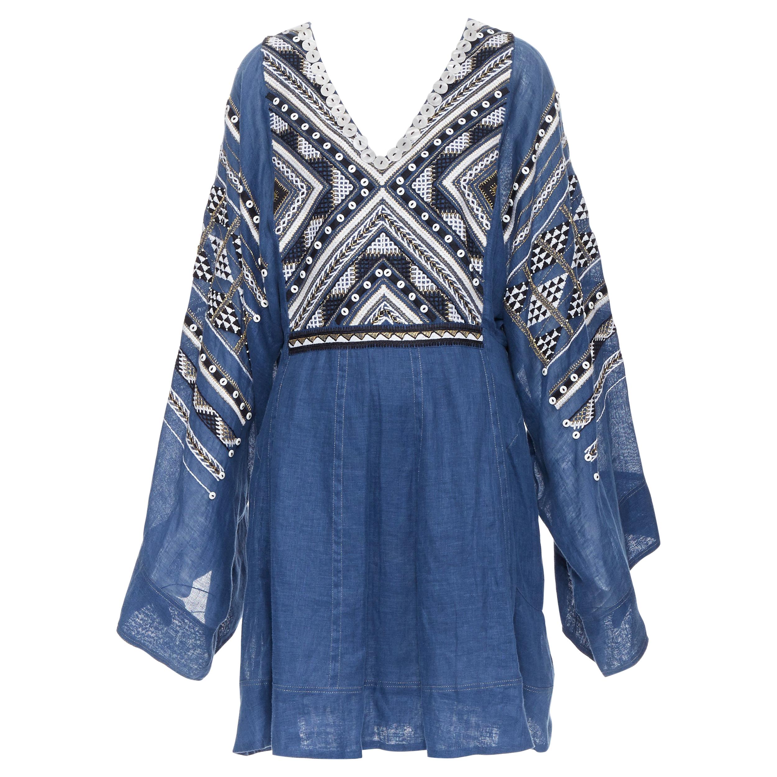 new VITA KIN blue Vyshyvanka button embellished wide sleeve boho day dress S