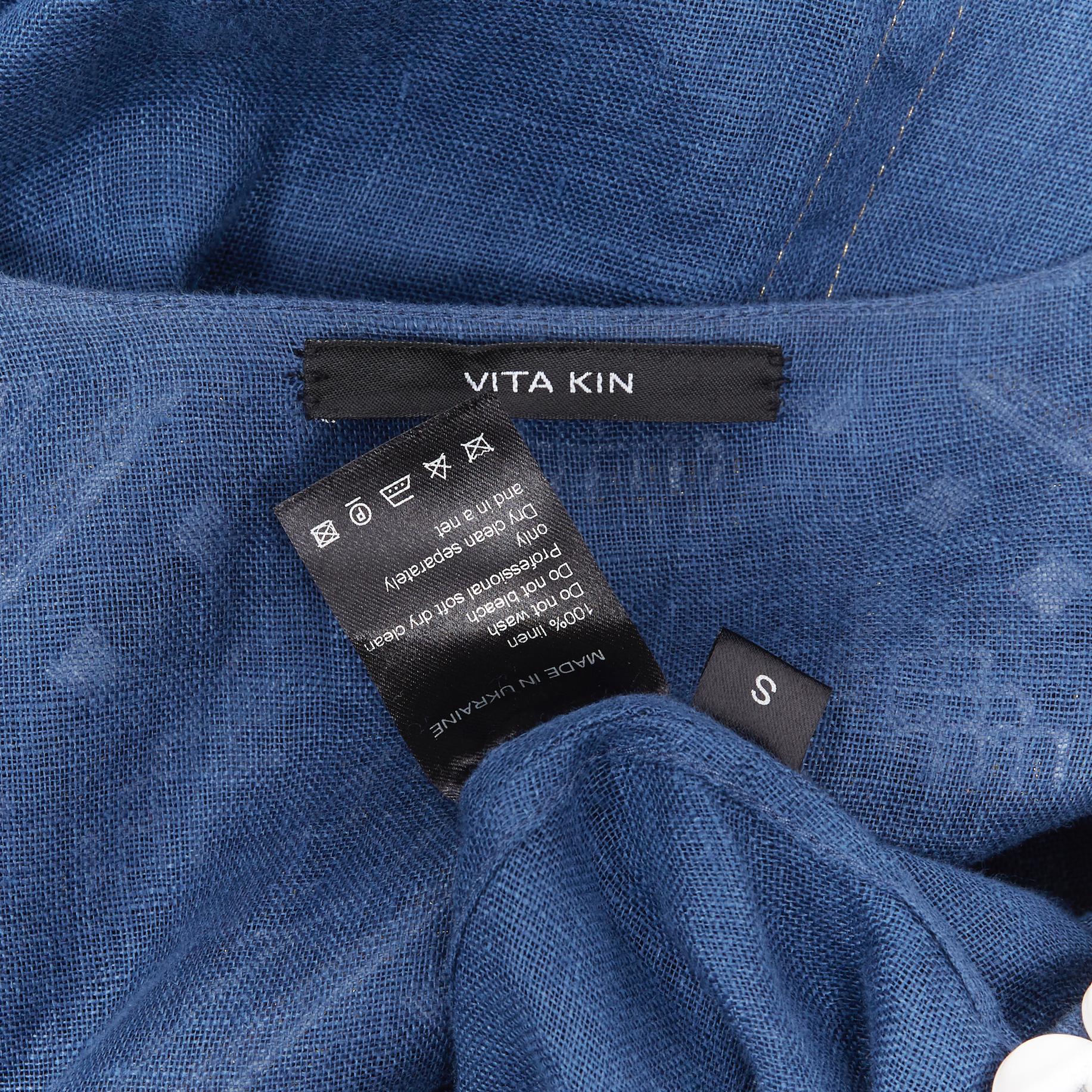 new VITA KIN blue Vyshyvanka embroidery bohemian folk wide sleeve mini dress S For Sale 4