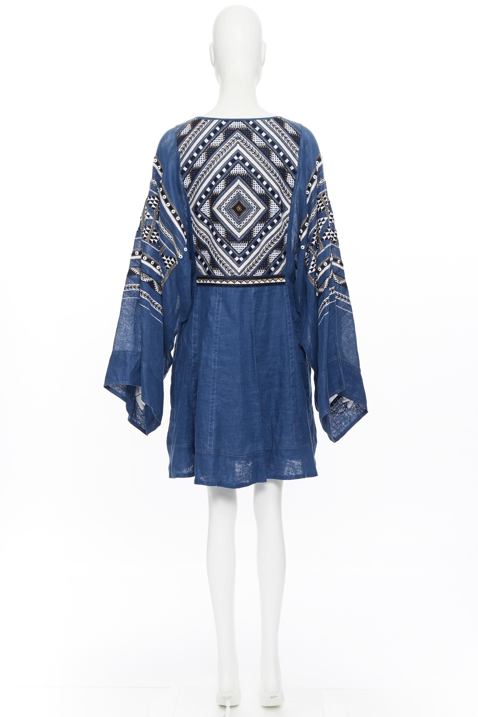 Blue new VITA KIN blue Vyshyvanka embroidery bohemian folk wide sleeve mini dress S For Sale