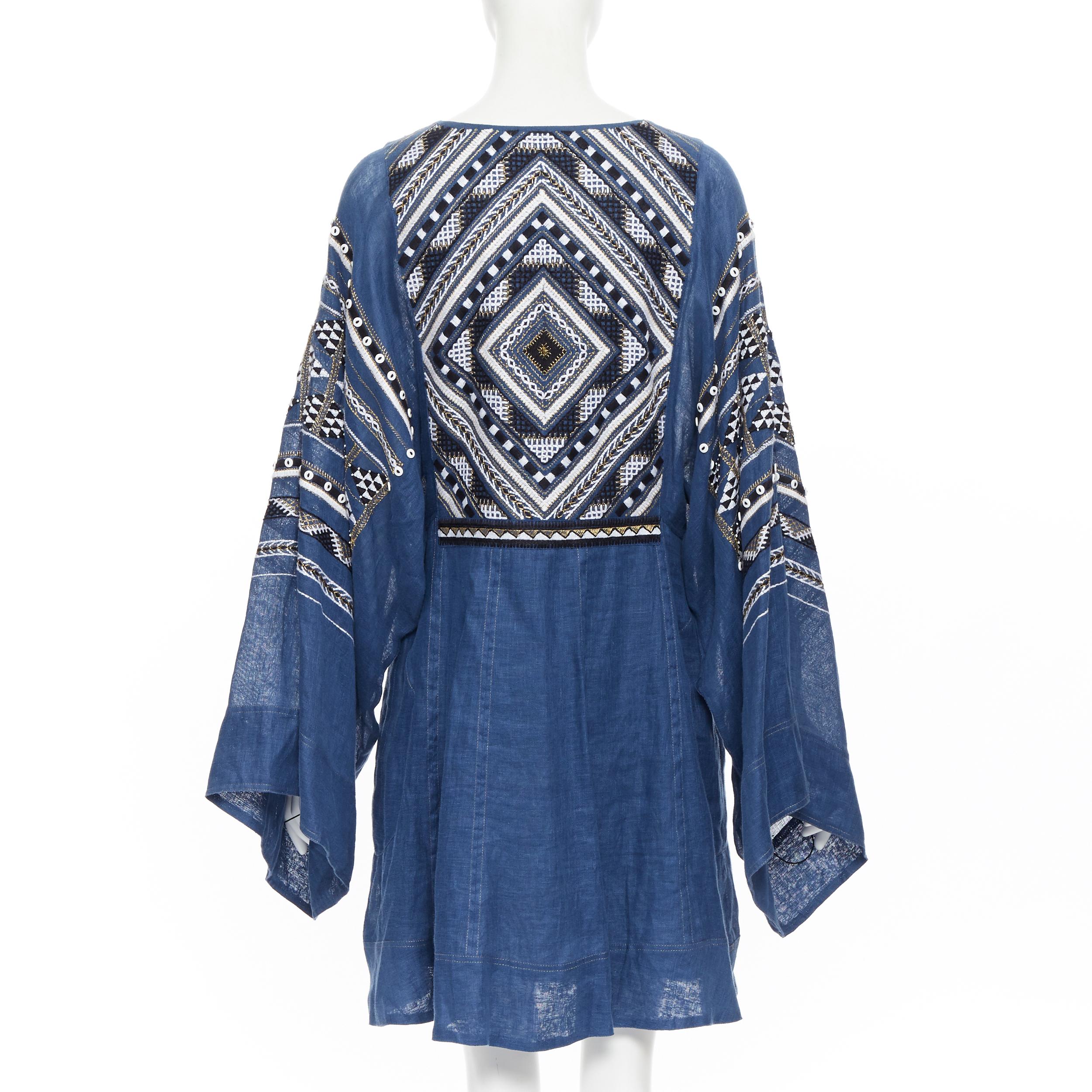 new VITA KIN blue Vyshyvanka embroidery bohemian folk wide sleeve mini dress S In New Condition For Sale In Hong Kong, NT
