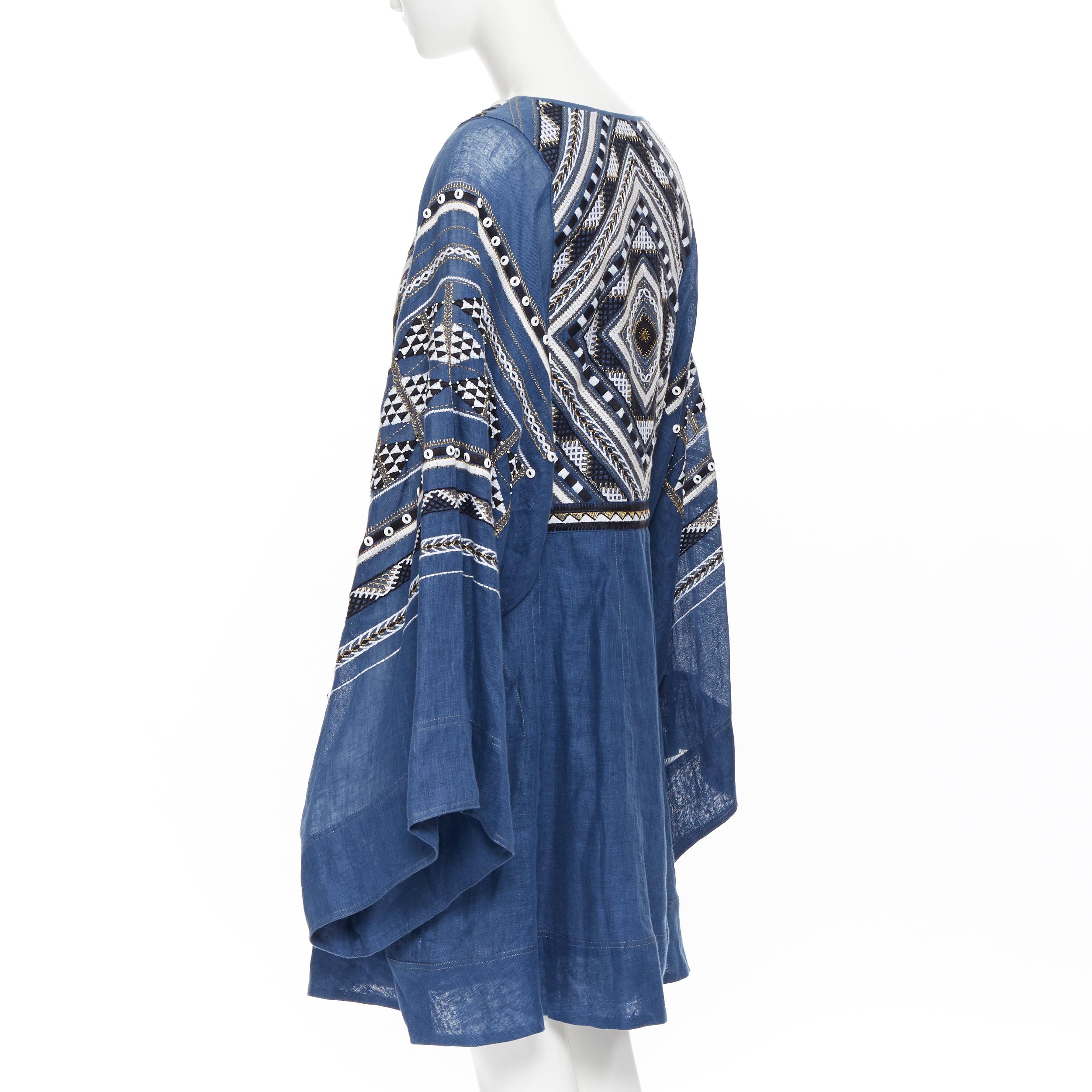 Women's new VITA KIN blue Vyshyvanka embroidery bohemian folk wide sleeve mini dress S For Sale