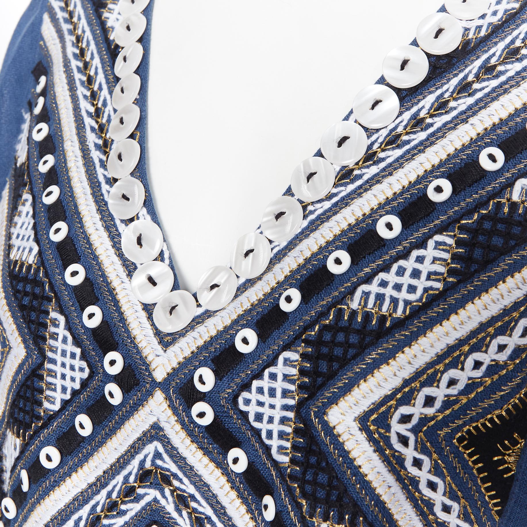 new VITA KIN blue Vyshyvanka embroidery bohemian folk wide sleeve mini dress S For Sale 1