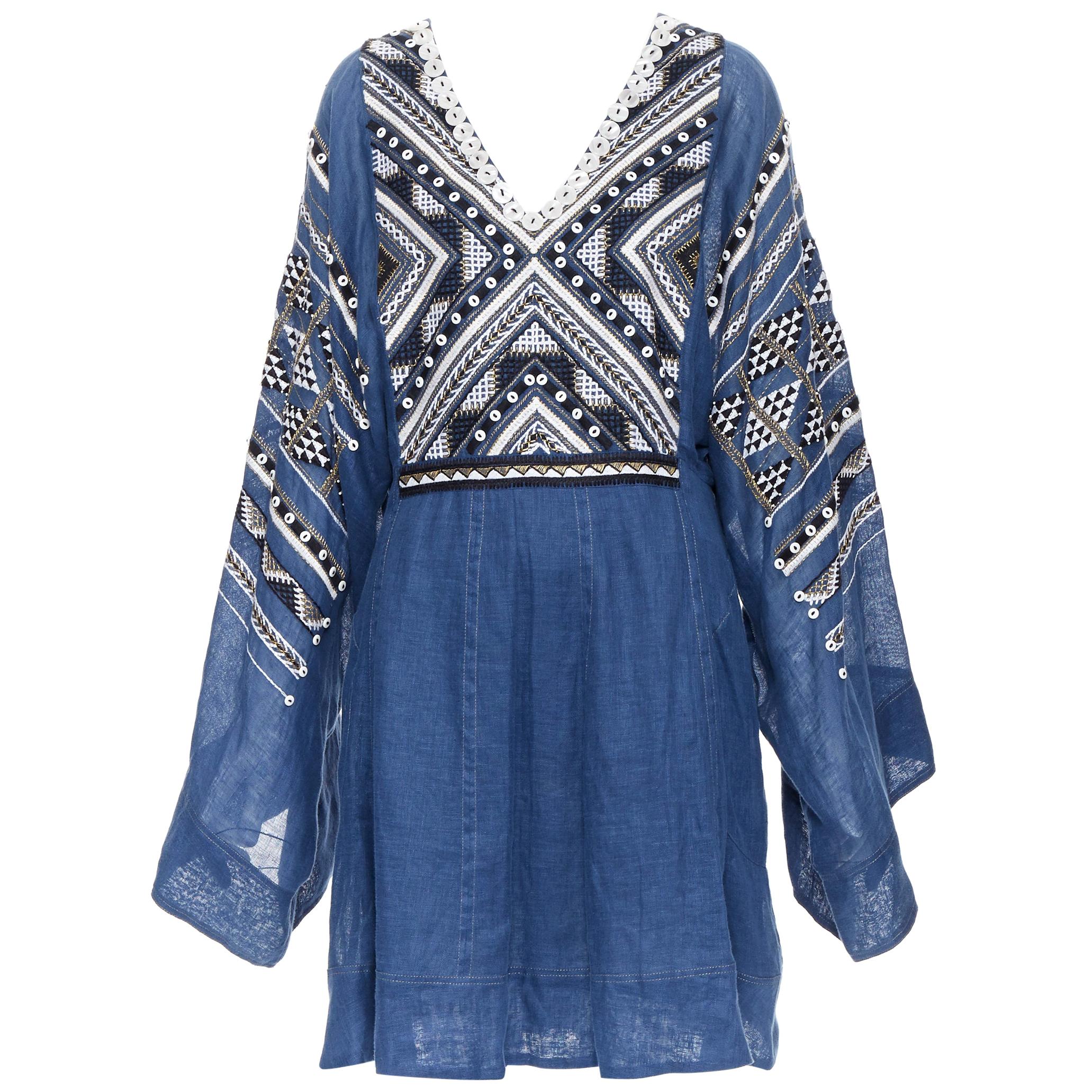 new VITA KIN blue Vyshyvanka embroidery bohemian folk wide sleeve mini dress S For Sale