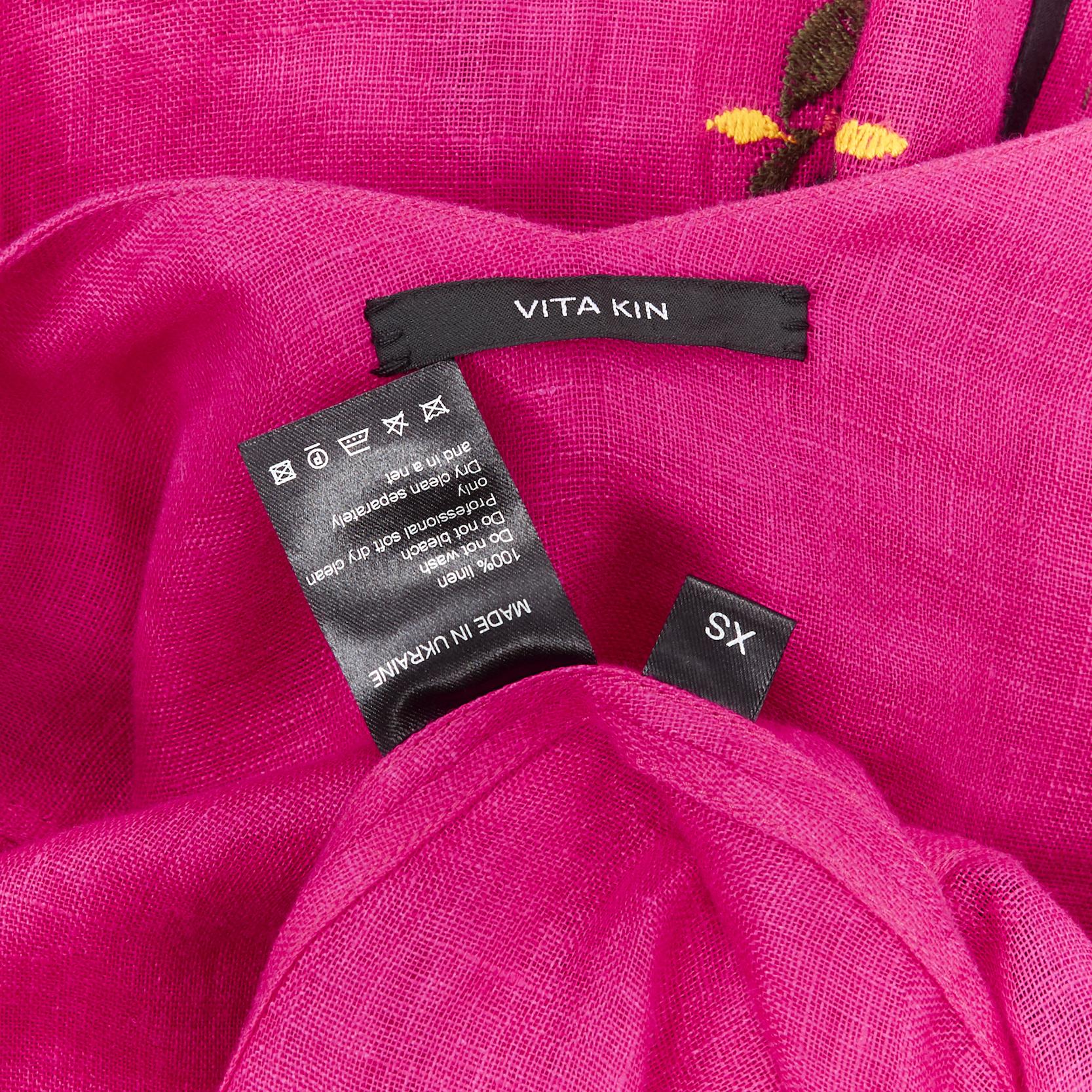 new VITA KIN fuschia Vyshyvanka embroidery bohemian folk wide sleeve dress XS 6