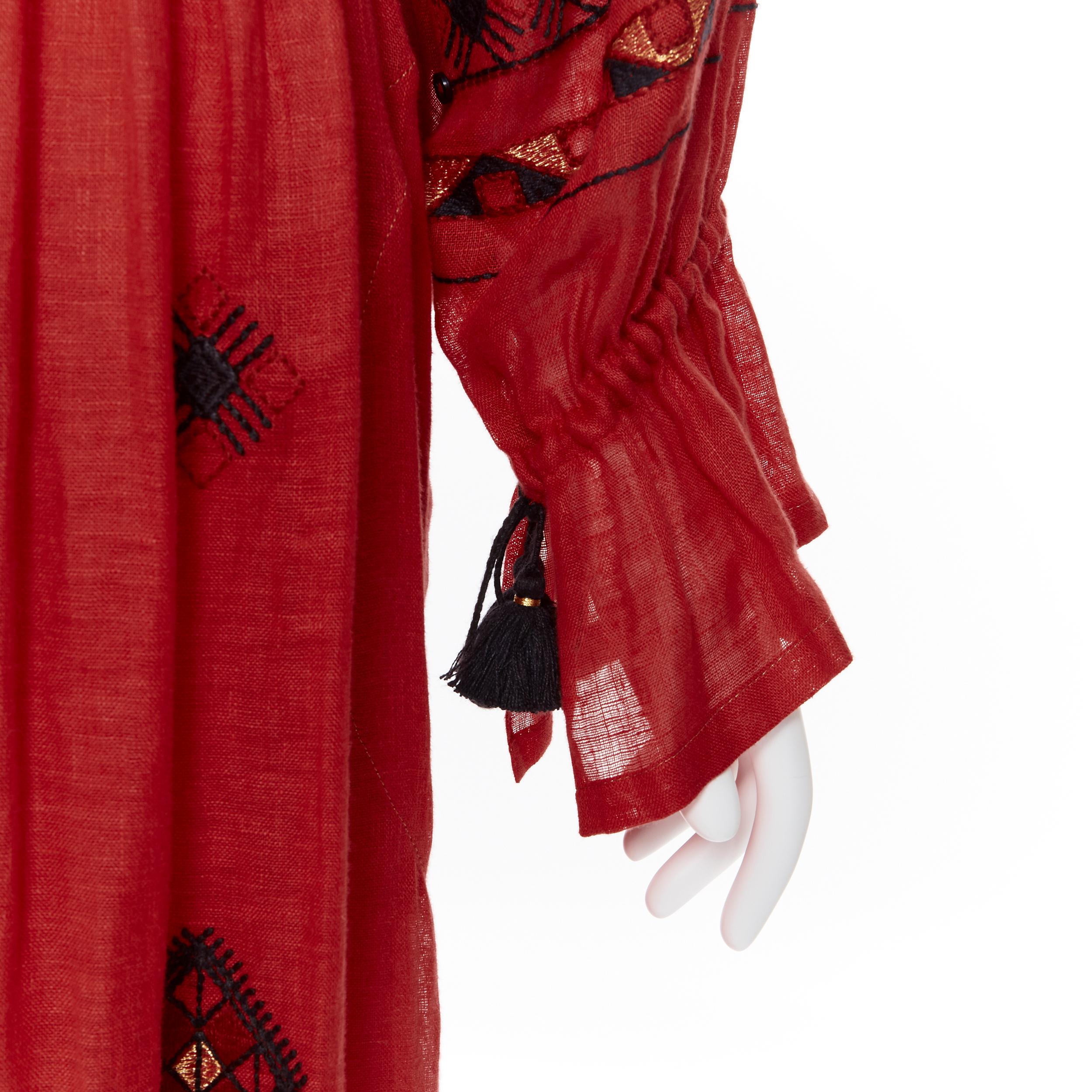 new VITA KIN red Vyshyvanka embroidery bohemian folk bubble sleeve maxi dress S 4