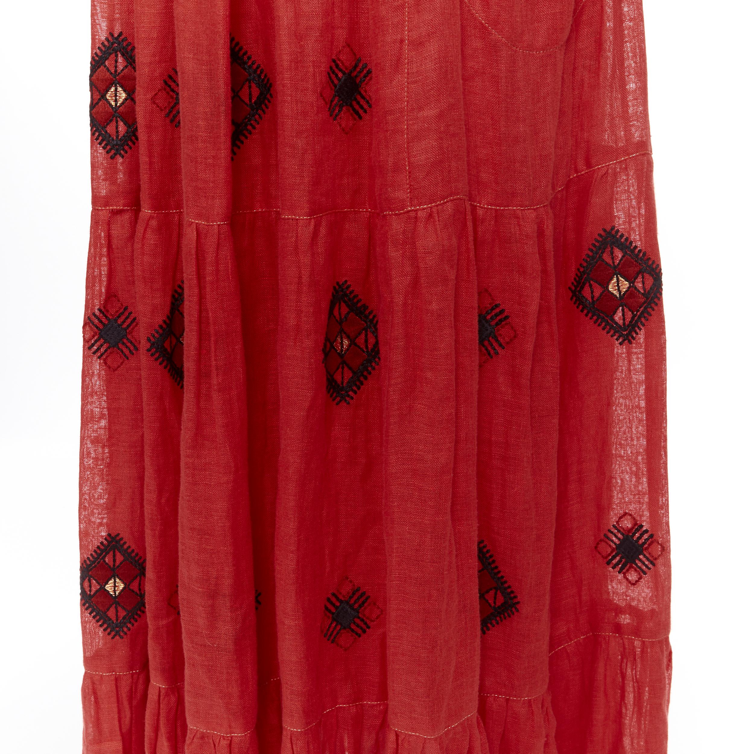 new VITA KIN red Vyshyvanka embroidery bohemian folk bubble sleeve maxi dress S 5